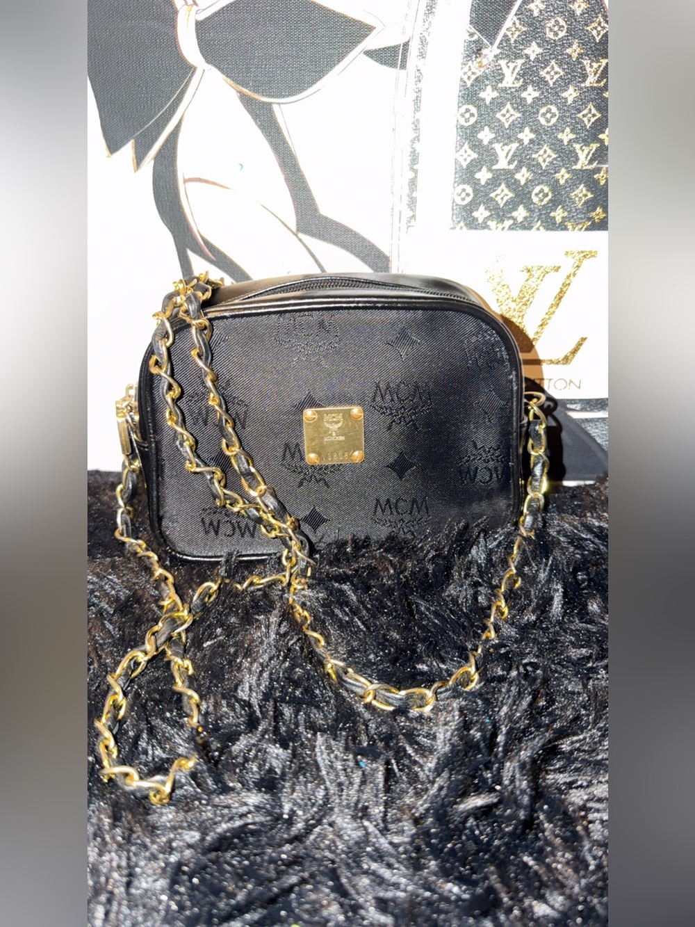 MCM Black Crossbody Bag with Gold Chain Detail